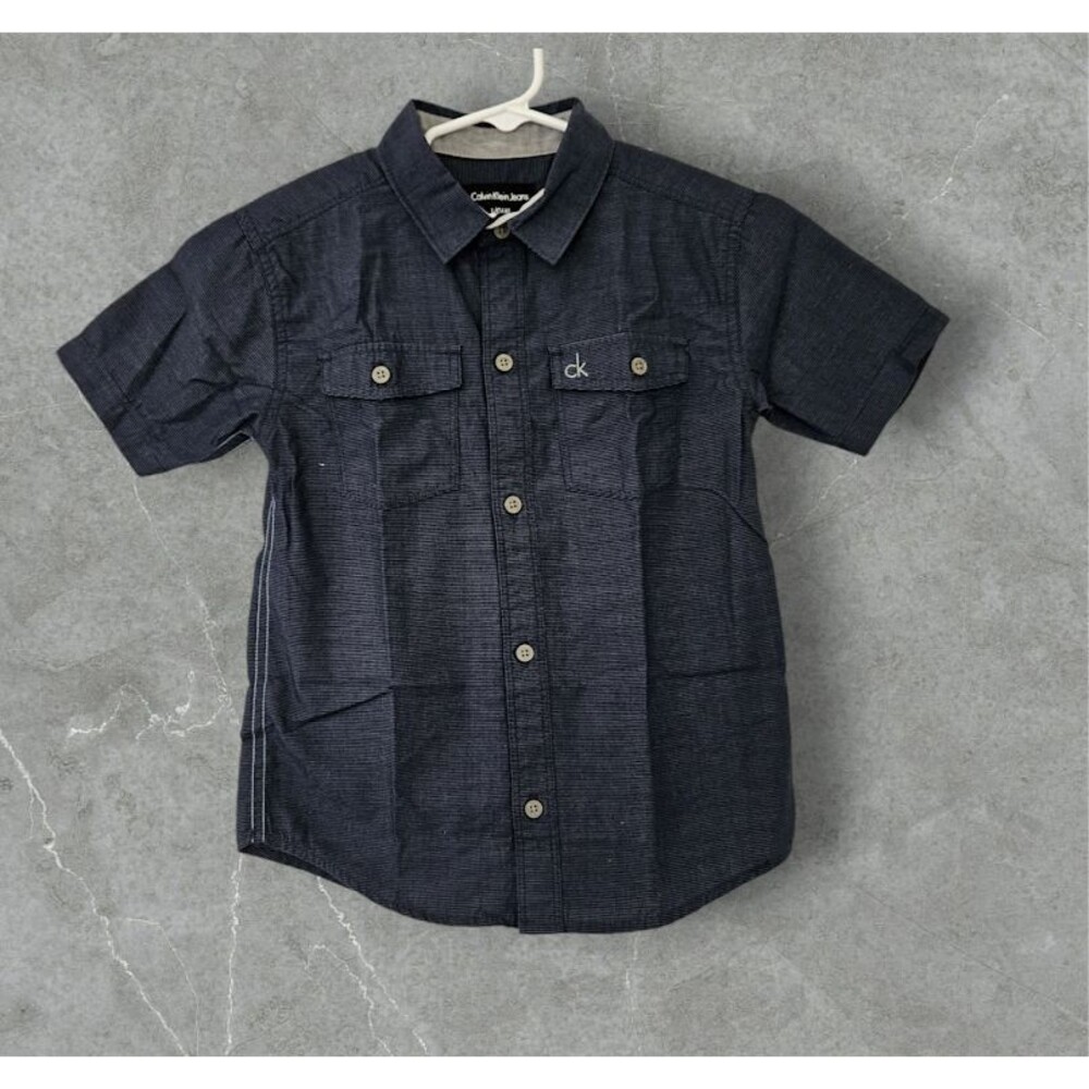 Calvin Klein Toddler Boys Short Sleeve Button Up Black Grey Shirt Size L